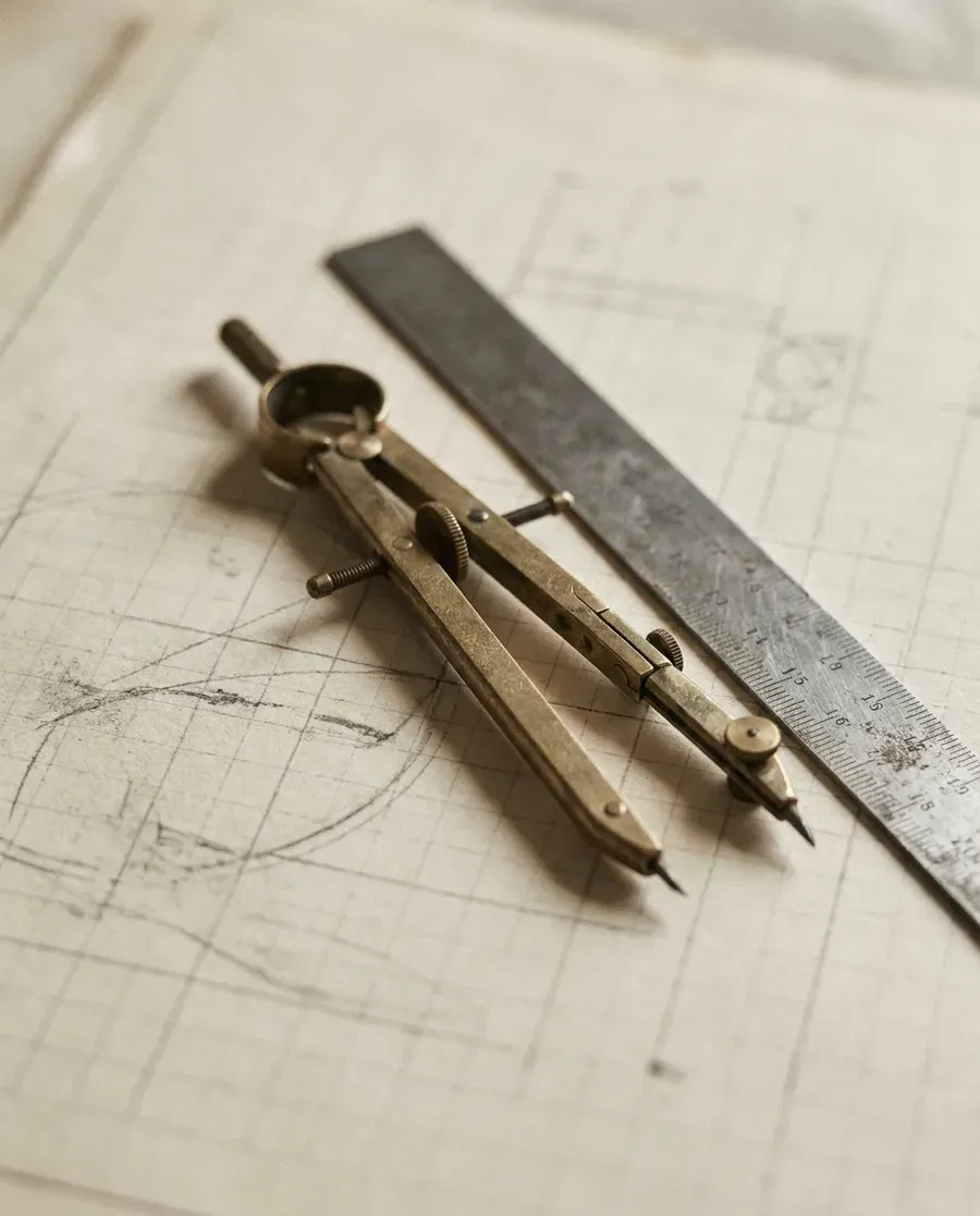 Brass drafting compass and steel rule on gridded paper with pencil construction lines.